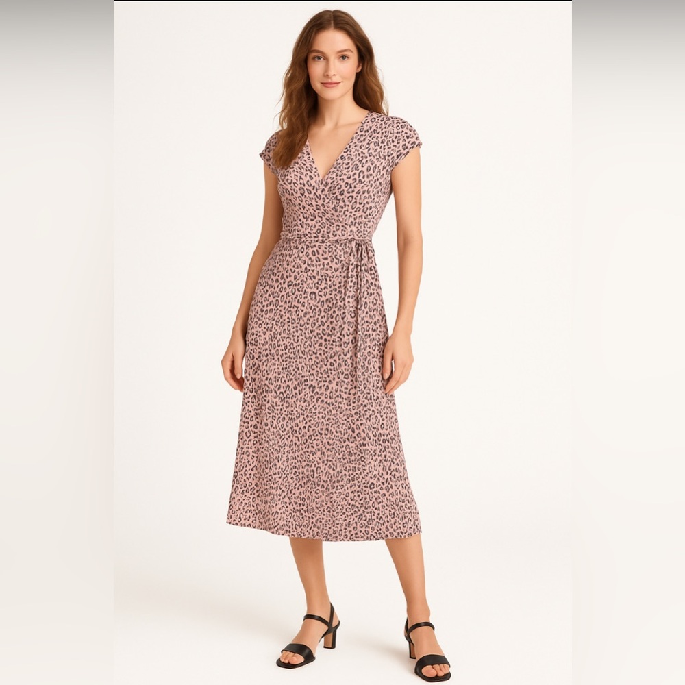 J.Crew Midi Wrap Dress MP Pink Leopard Soft Rayon Petite Fit